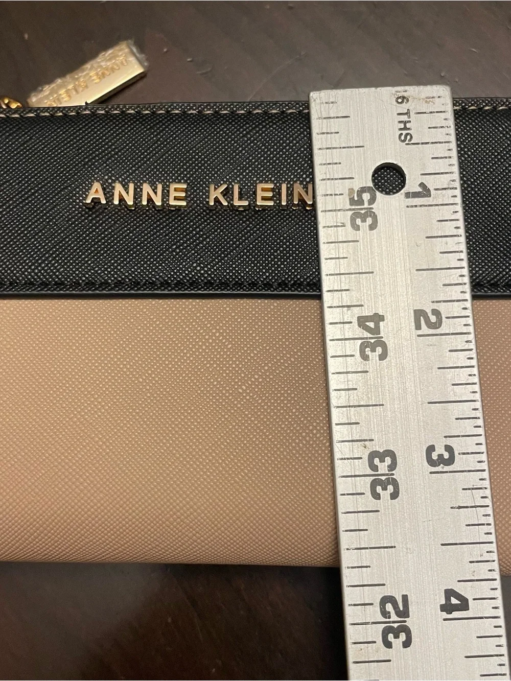 Anne Klein Bifold Wallet Women’s Color Block Tan Black Gold Letter Faux Leather